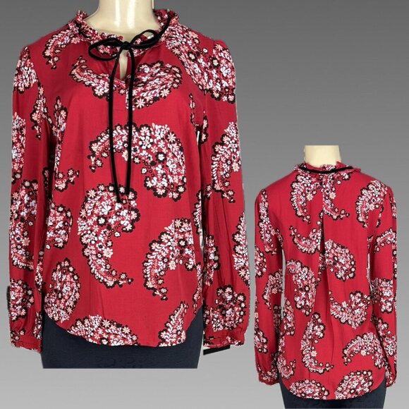 St. John's Bay S Red Floral Tie Keyhole Neckline Curved Hem Long Sleeve Blouse - Picture 1 of 6
